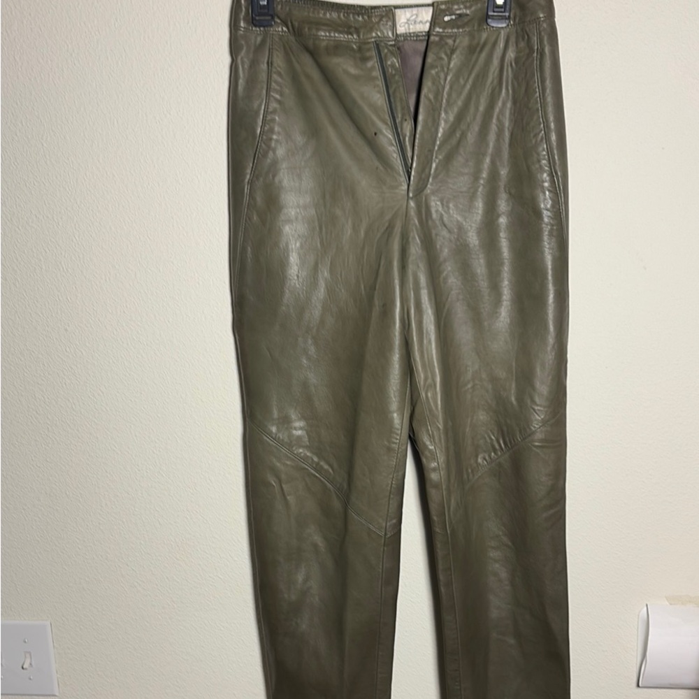 Olive Green Leather Straight Leg Pants